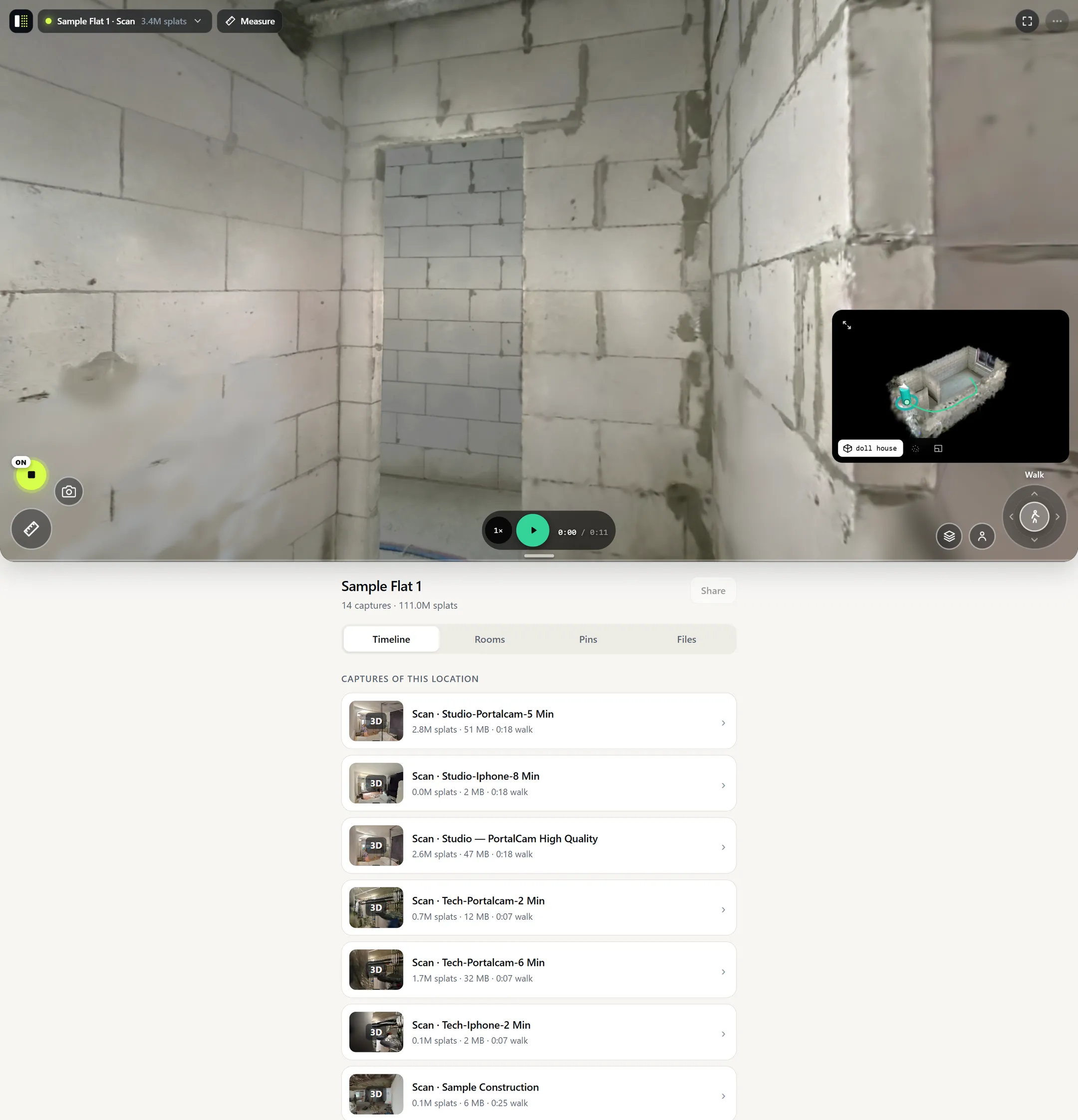 Sample Flat 1 open in a desktop browser: the walkable copy on top, and under it the Timeline tab listing every capture of this location